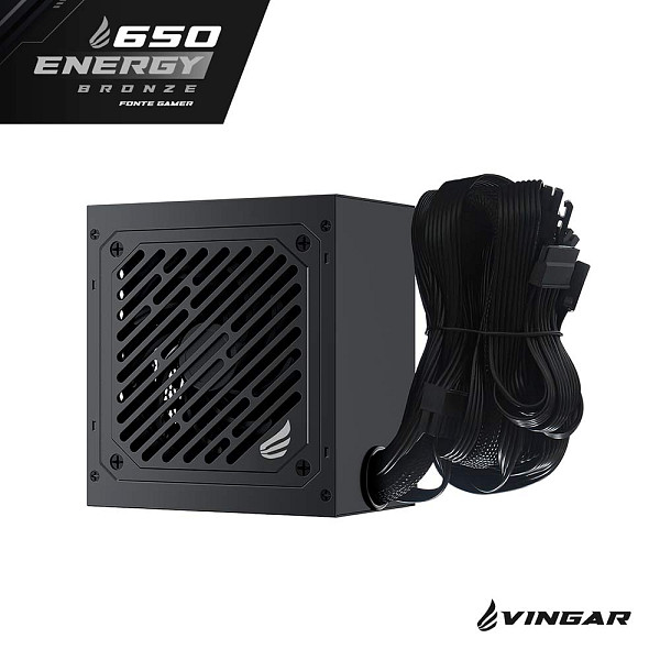 Fonte VINGAR Energy 650W Bronze, 650W, 80 Plus Bronze, Com Cabo, Preto – BR