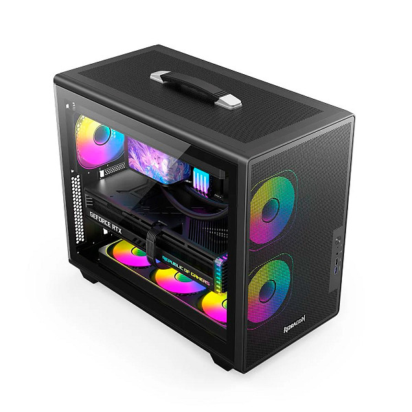 Gabinete Gamer Redragon Magic Box Preto ATX Compacto Sem Fans Painel Frontal Mesh USB 3.0 Slots PCI Rotacionáveis Com Alça CA-616B