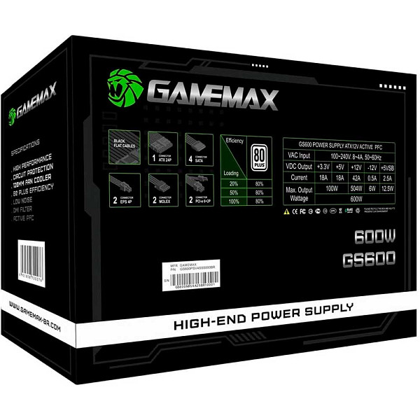 Fonte Gamemax GS600, 600W, 80 Plus White, PFC Ativo, Black