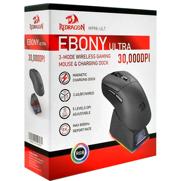 Mouse Gamer Redragon Ebony Ultra M998-ult Sem Fio 30000 Dpi RGB Sensor Óptico 2.4ghz Bluetooth Preto Ergonômico