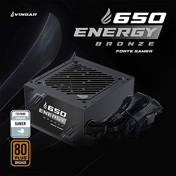 Fonte VINGAR Energy 650W Bronze, 650W, 80 Plus Bronze, Com Cabo, Preto – BR