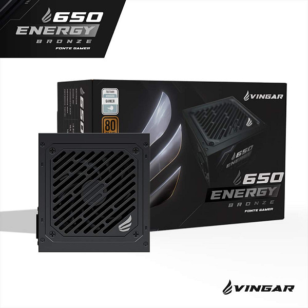 Fonte VINGAR Energy 650W Bronze, 650W, 80 Plus Bronze, Com Cabo, Preto – BR