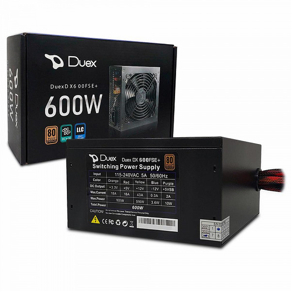 Fonte Duex DX 600FSE+, 600W, ATX, Bivolt Automático, 80 Plus Bronze, PFC Ativo, Preto