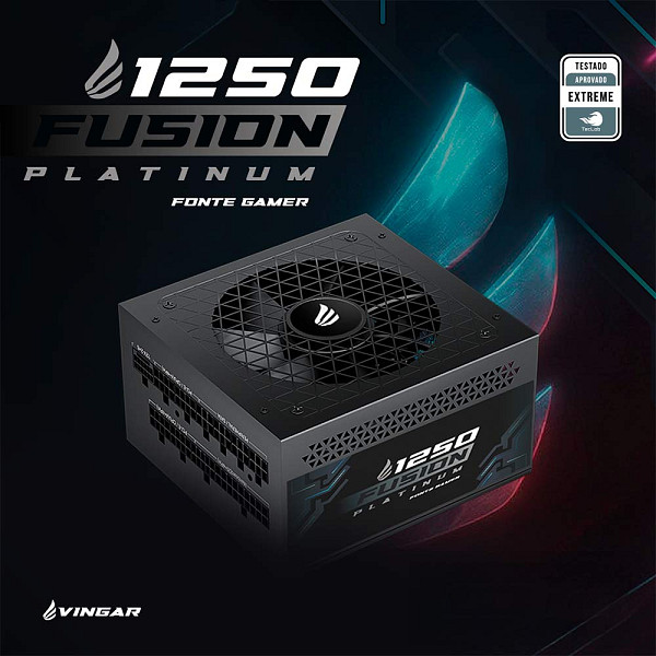 Fonte Gamer VINGAR Fusion 1250W Platinum, 1250W, Teclab Extreme, Modular, PFC Ativo, Com Cabo, Preto
