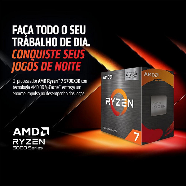 Processador AMD Ryzen 7 5700X3D, 3.6 GHz, (4.1GHz Max Turbo), Cachê 4MB, 8 Núcleos, 16 Threads, AM4 - 100-100001503WOF