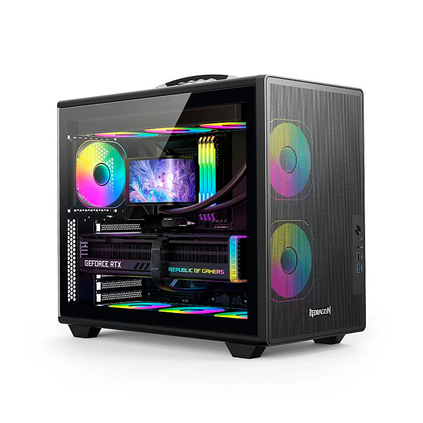 Gabinete Gamer Redragon Magic Box Preto ATX Compacto Sem Fans Painel Frontal Mesh USB 3.0 Slots PCI Rotacionáveis Com Alça CA-616B