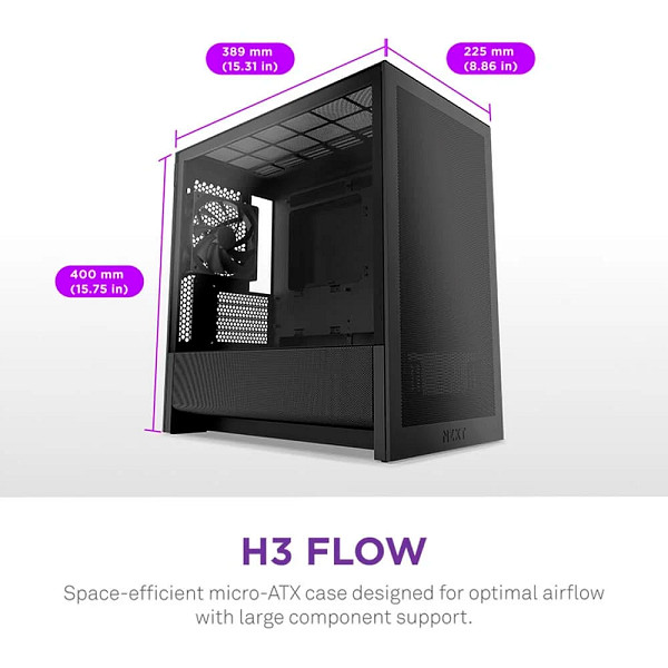 Gabinete Gamer NZXT H3 Flow, Mid Tower, micro-ATX, Lateral em Vidro, Preto - CC-H31FB-01