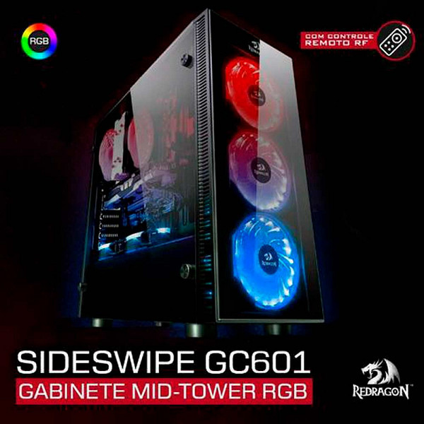 Gabinete Gamer Redragon Sideswipe, Mid Tower, Com 4 Fans RGB, Vidro Temperado, Black, S-Fonte, GC-601