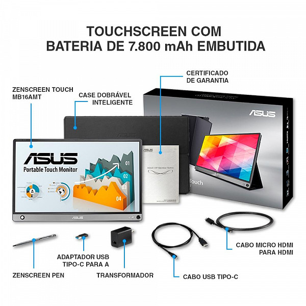 Monitor Portátil Asus LED 15.6´, Touch, Full HD, IPS, USB-C, Micro HDMI, Ultra Leve, Cinza Escuro - MB16AMT